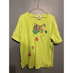 Quaker Factory Lime Green V-Neck Top W Sequin Beach Day Summer Motifs Size XL